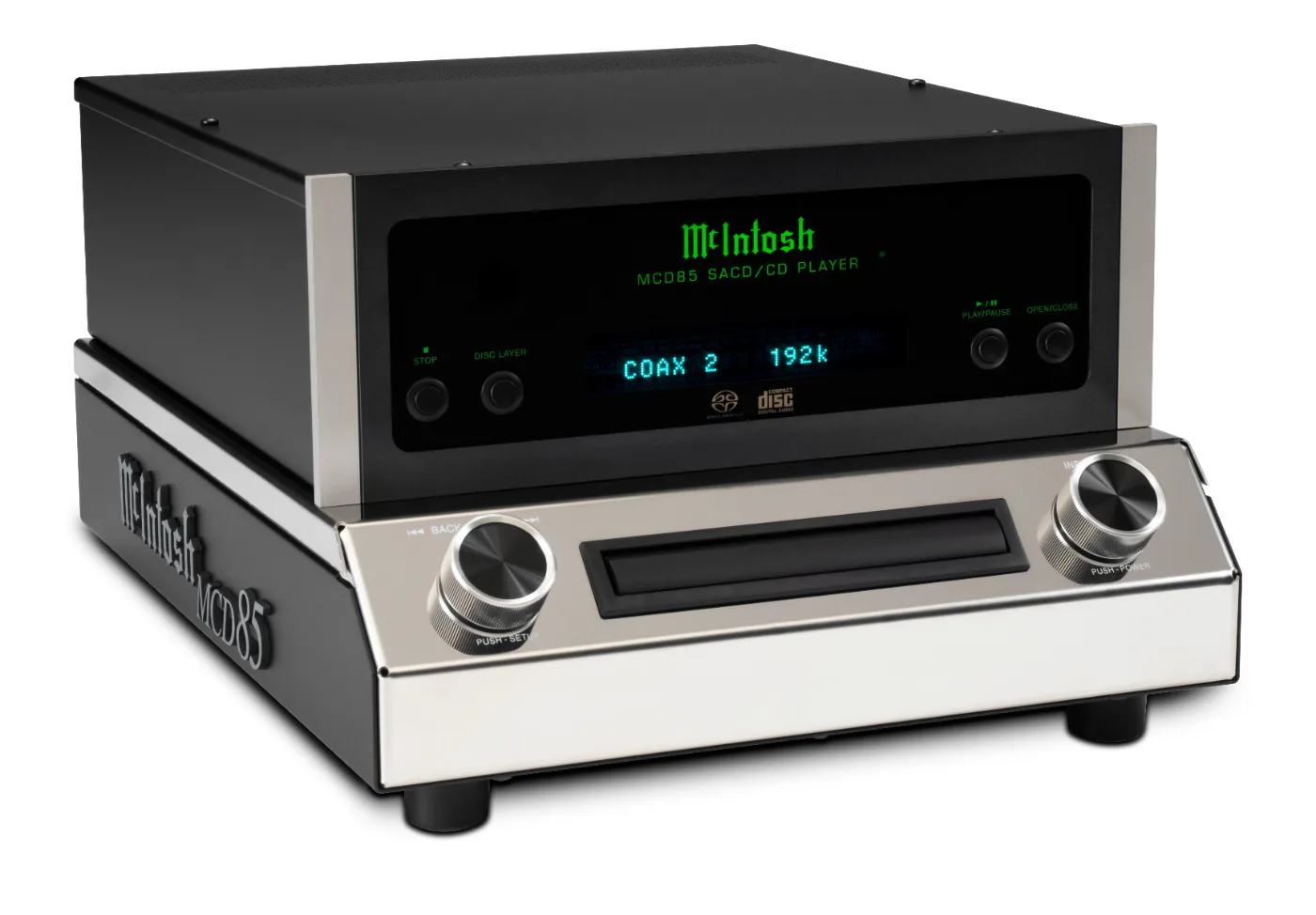 McIntosh MCD85 CD & SACD player, three-quarter view, COAX