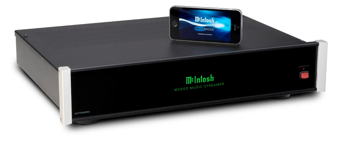McIntosh MS500 music streamer, three-quarter view from the left, phone
