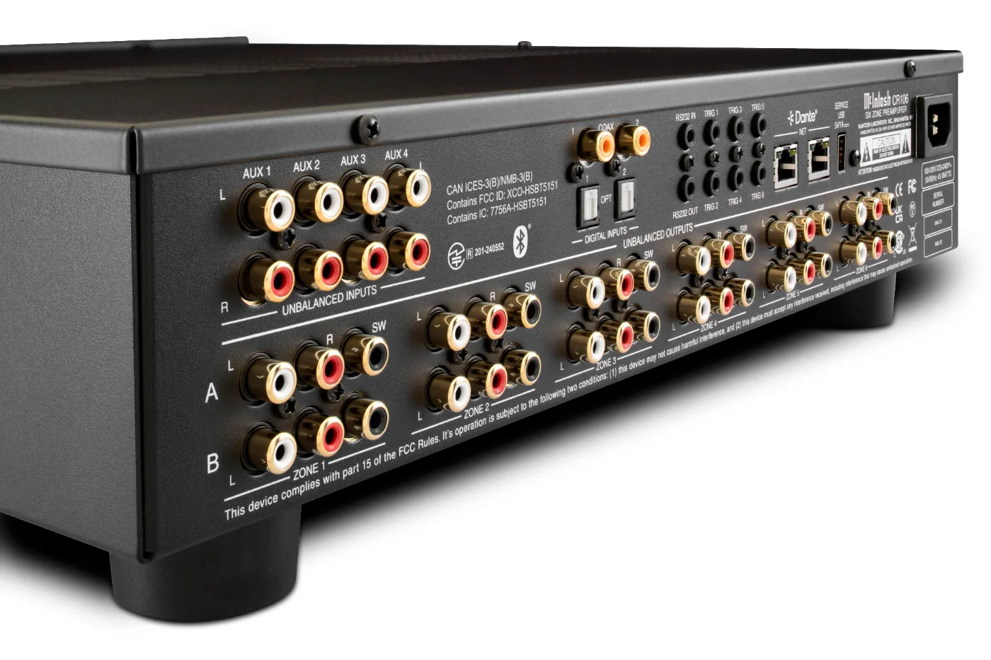 McIntosh CR106 preamplifier, rear three-quarter view