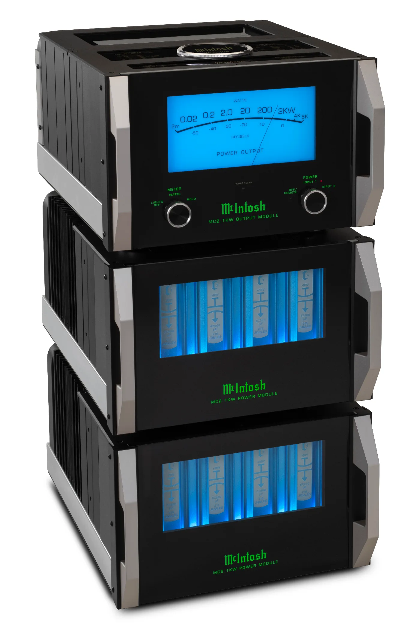 McIntosh MC2.1KW power amplifier, three-quarter view from the left, shown as a stacked pair