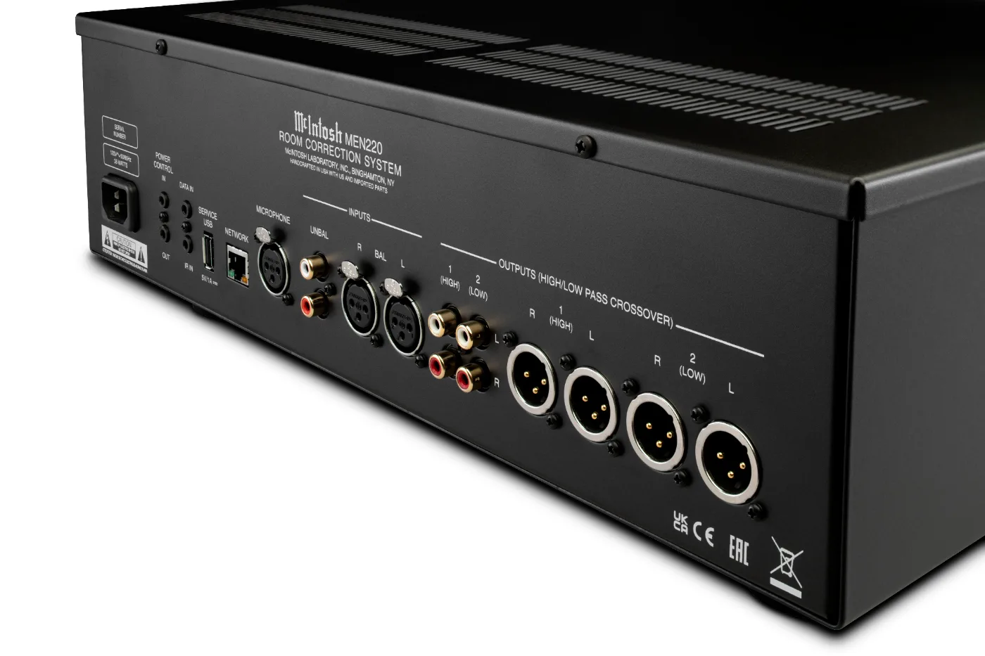 McIntosh MEN220 room correction system, rear three-quarter view