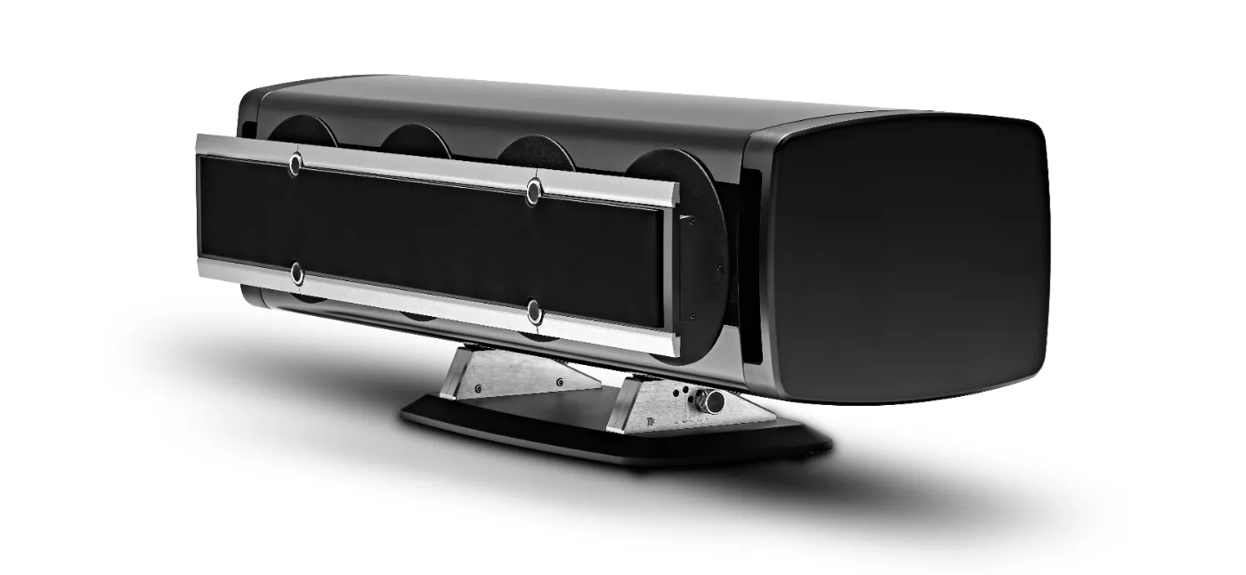 McIntosh XCS1.5K center channel speaker, three-quarter view from the right, grille fitted