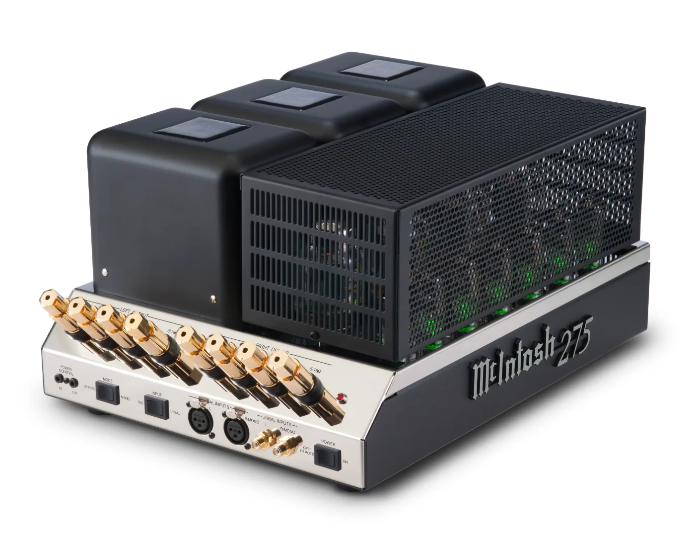 McIntosh MC275 power amplifier, three-quarter view with the tube cover fitted
