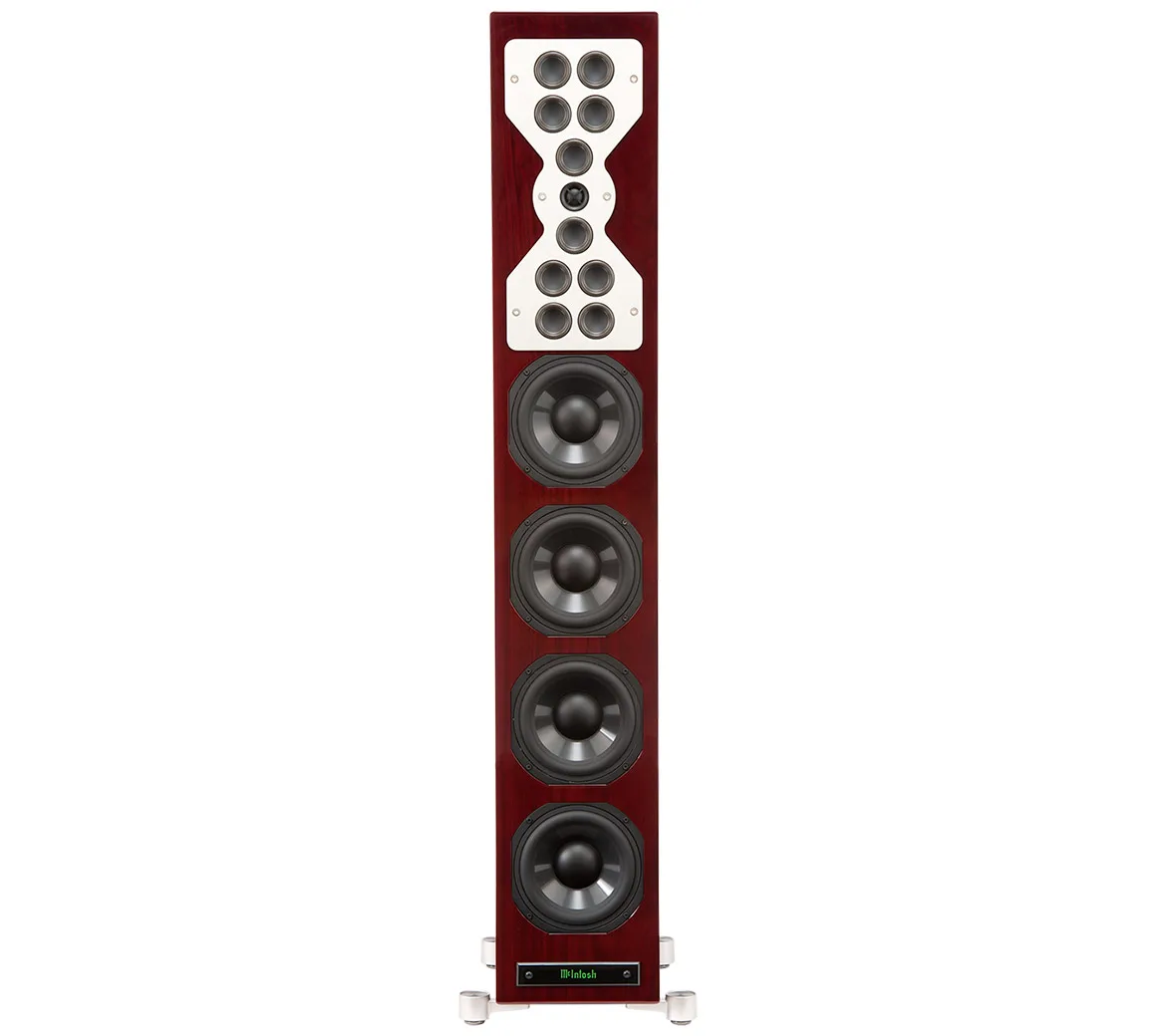 McIntosh XR100 floorstanding speaker, front view, grille removed, walnut finish