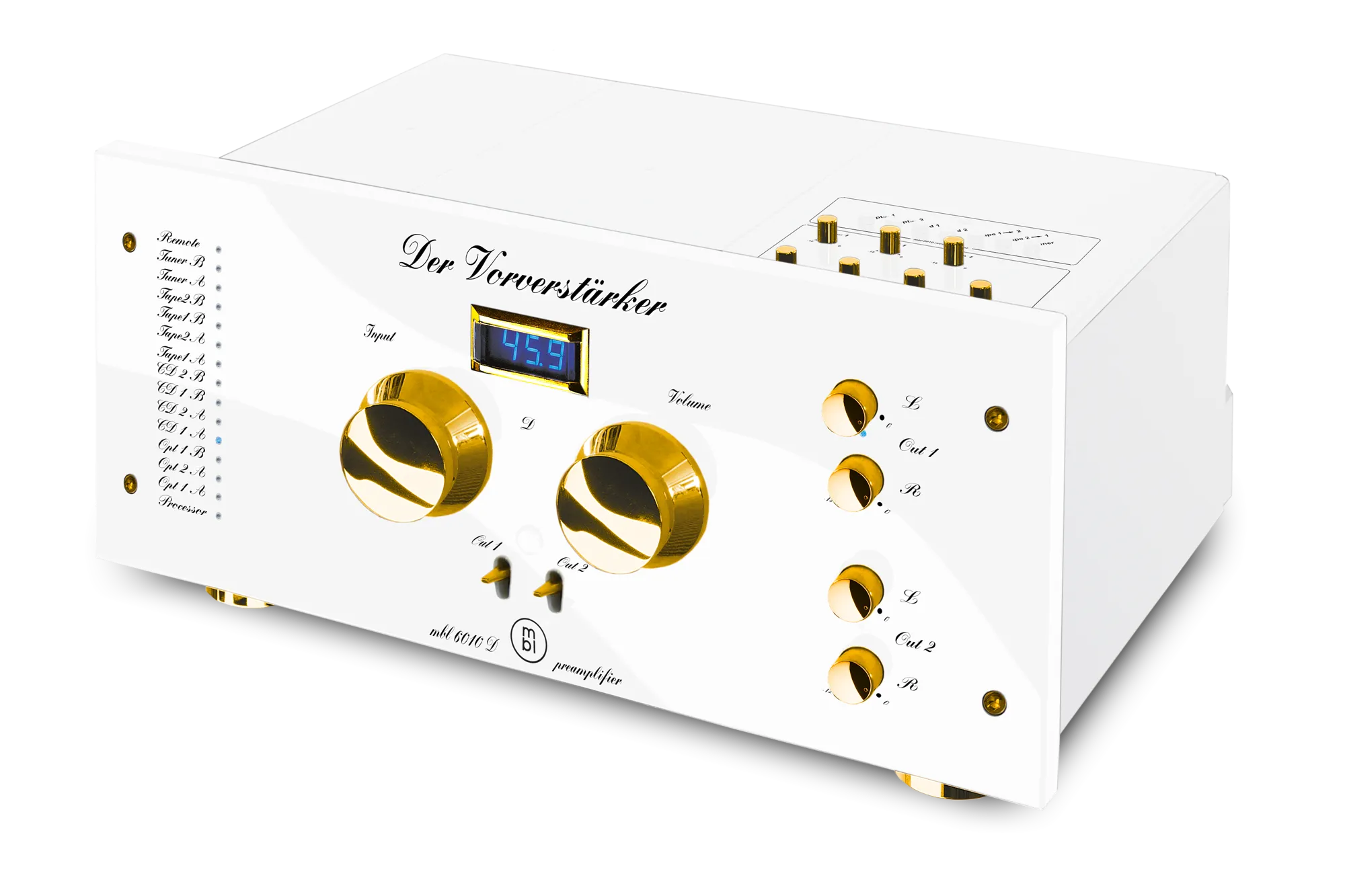 MBL 6010 D reference preamplifier in white high-gloss with gold trim
