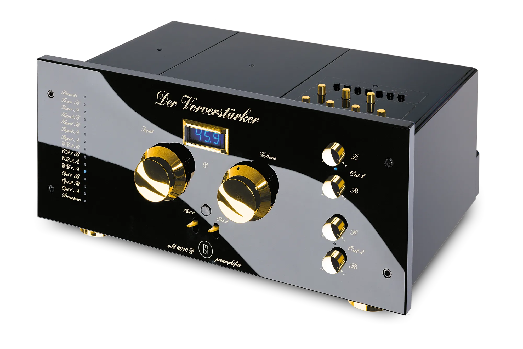 MBL 6010 D reference preamplifier in black high-gloss with gold trim — available at LMC Home Entertainment