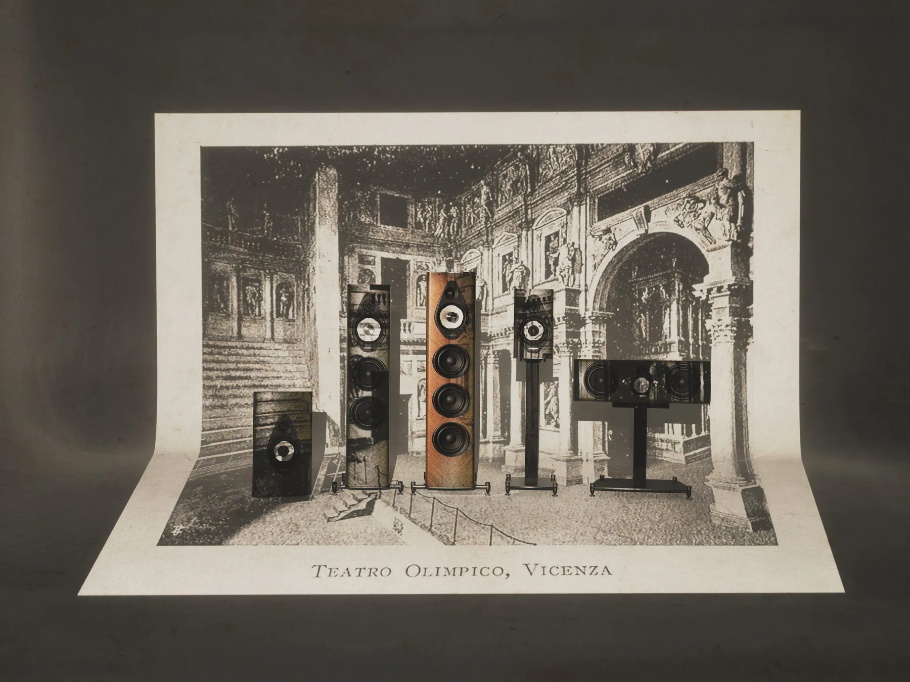 The full Sonus faber Olympica G3 collection including the Wall, staged in the Teatro Olimpico engraving