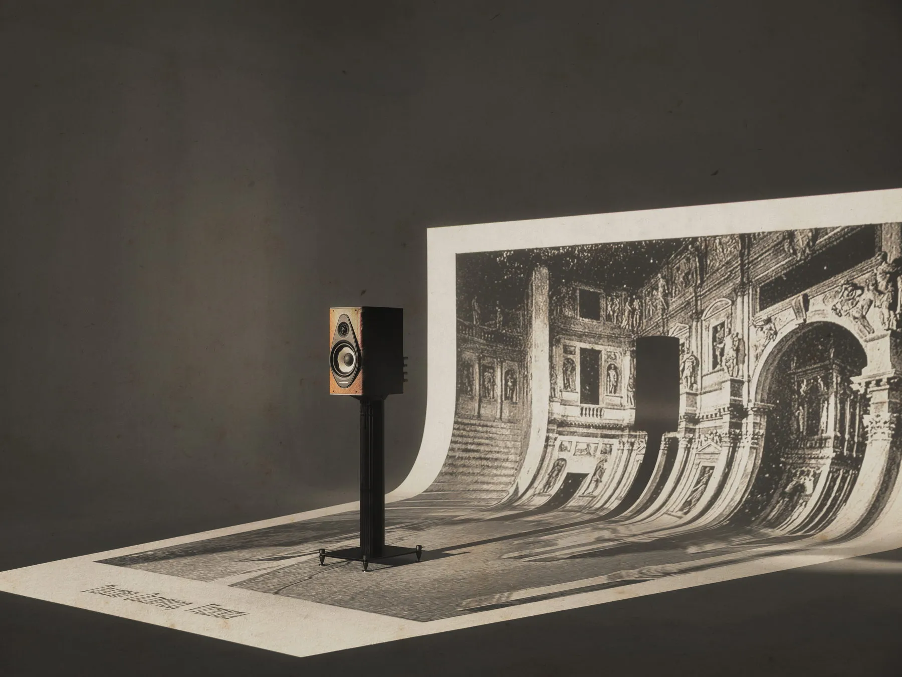 Sonus faber Olympica G3 I on its stand with the Teatro Olimpico engraving, second angle