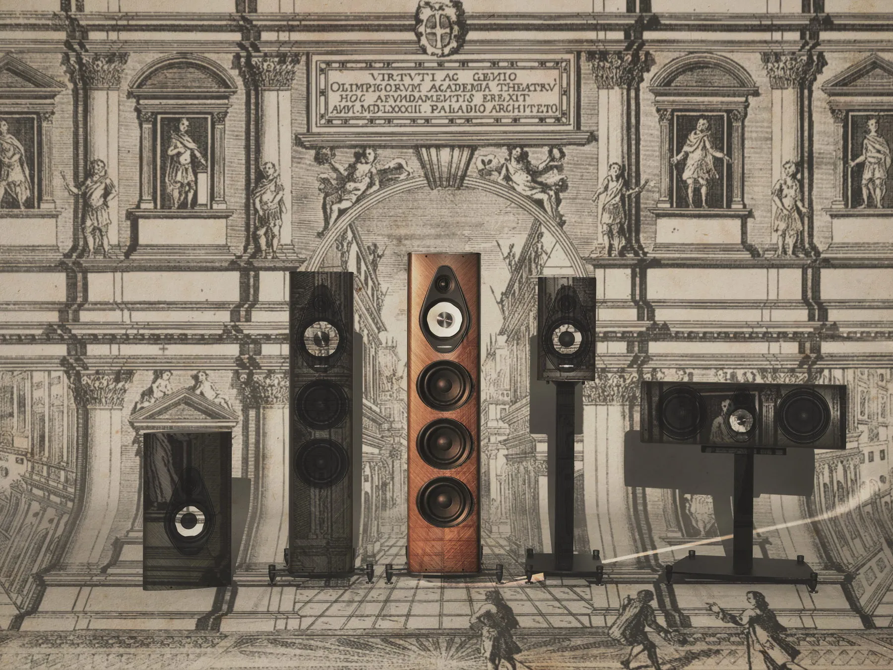 The full Sonus faber Olympica G3 collection staged inside the Teatro Olimpico engraving