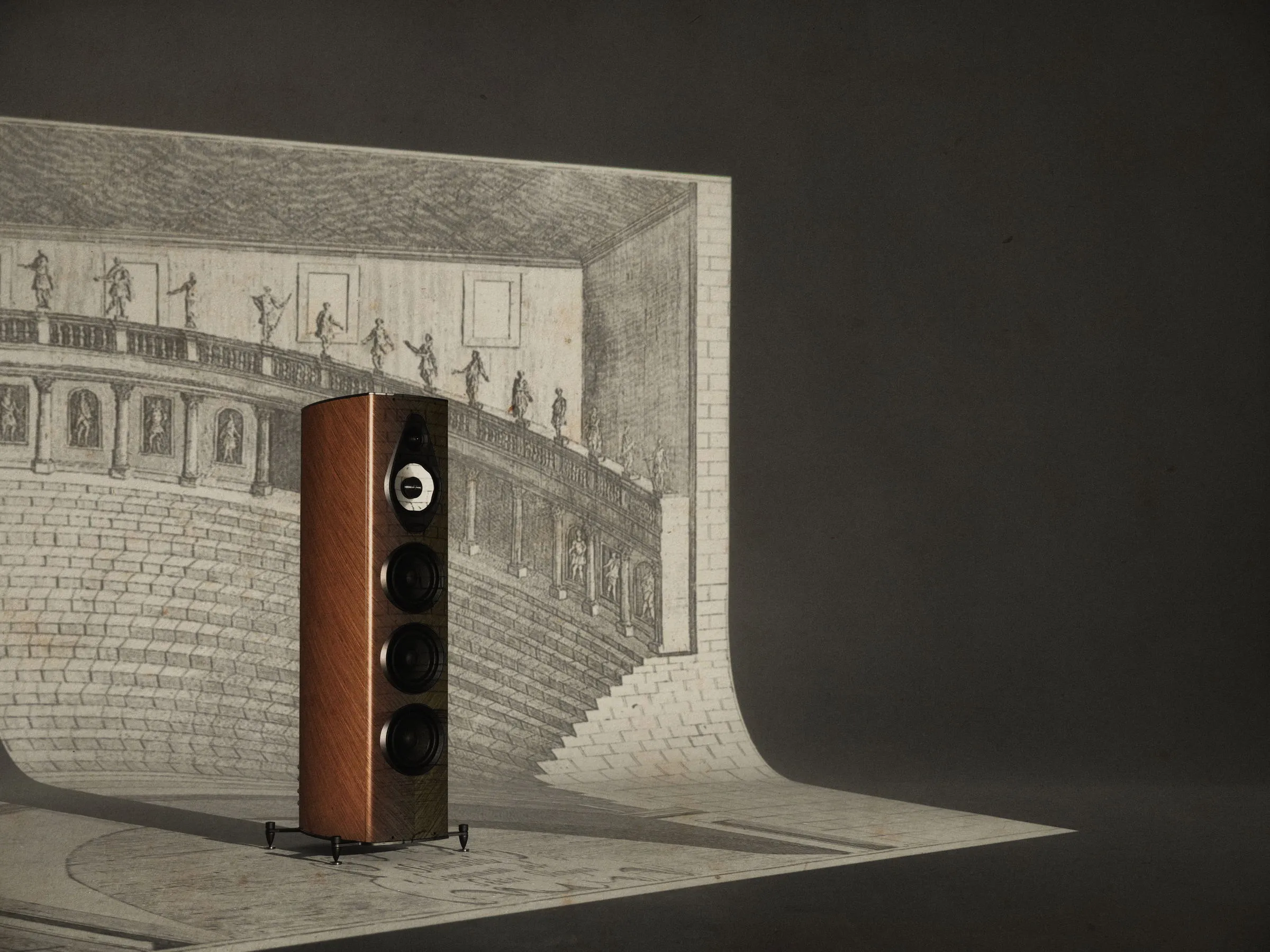 Sonus faber Olympica G3 III floorstanding loudspeaker in walnut, staged inside an engraving of the Teatro Olimpico, Vicenza