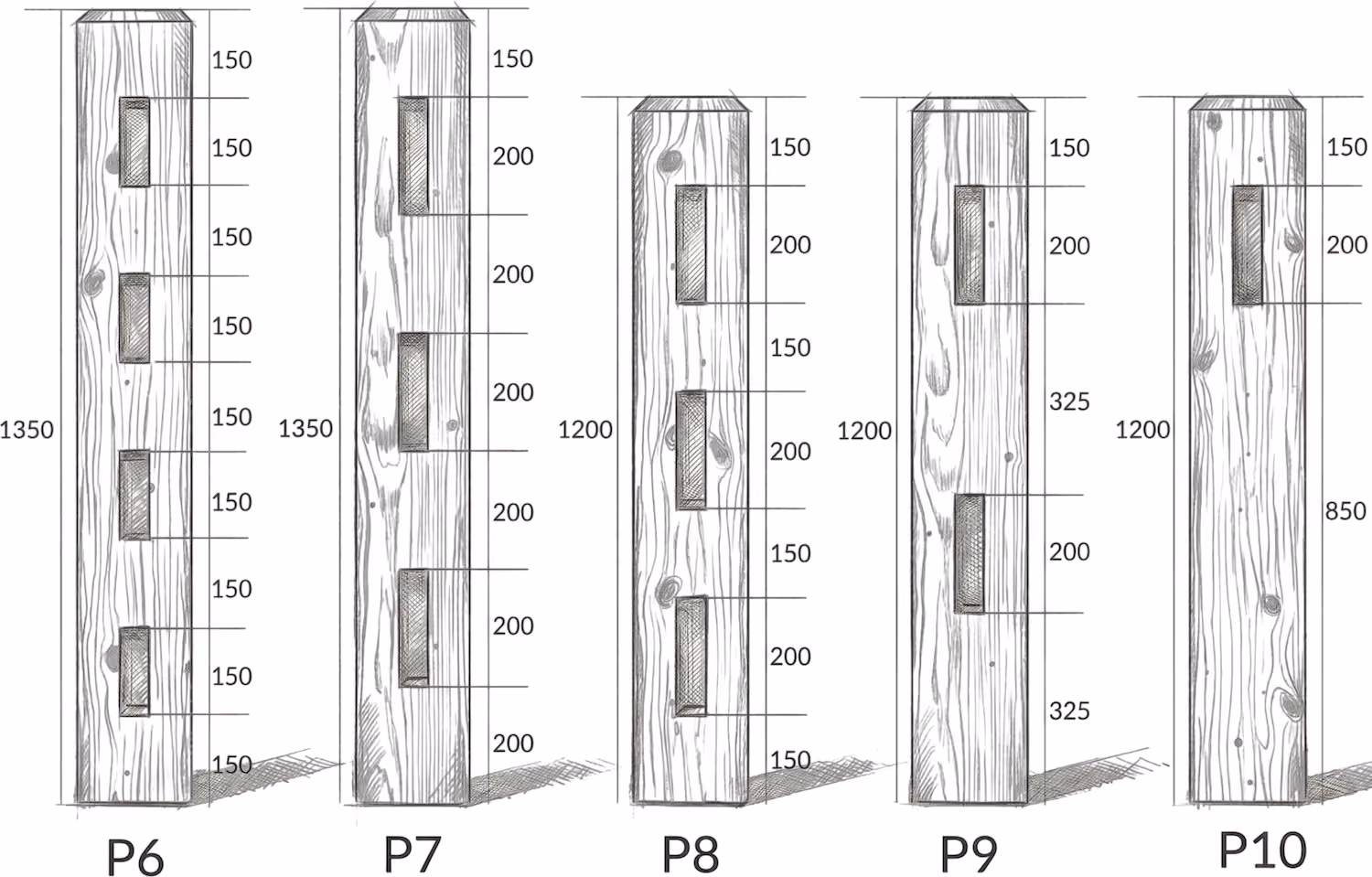 Technical drawing of five wooden posts labeled P6 to P10, each with rectangular cutouts and measurements in millimeters for height and segment spacing indicated alongside.