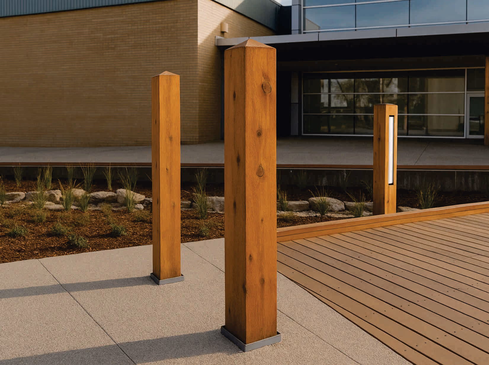 Removable bollards and sleeves in front of the Whitehorse Council Offices in Melbourne