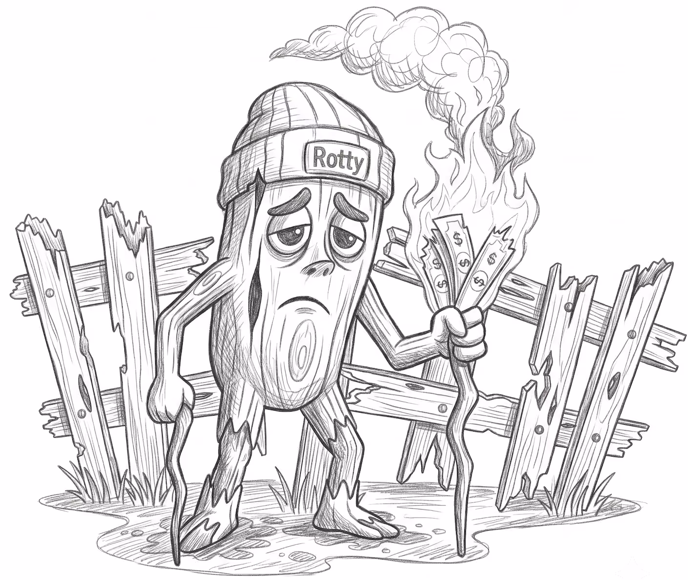 Sad wooden log character wearing a beanie labeled 'Rotty,' holding burning money in front of broken wooden fence.