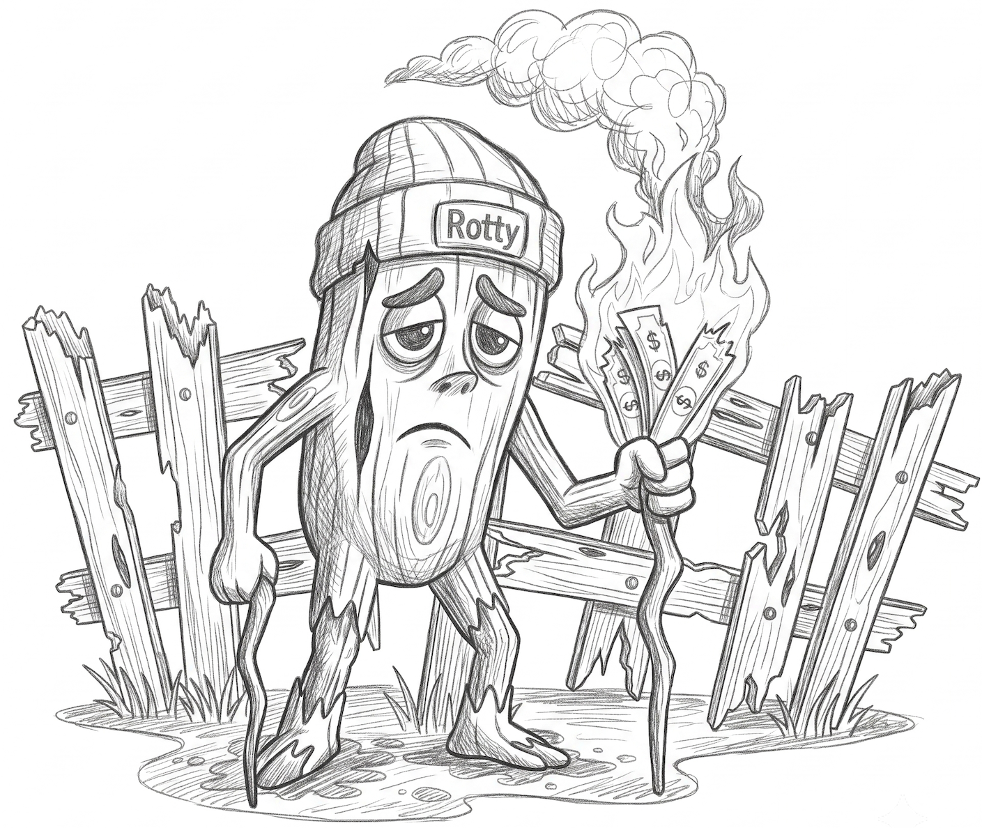 Sad wooden log character wearing a beanie labeled 'Rotty,' holding burning money in front of broken wooden fence.