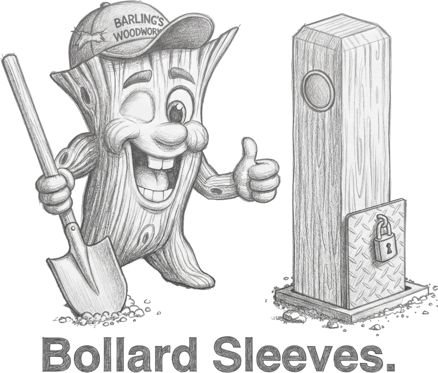 Cartoon wood log character with shovel giving thumbs up next to a locked bollard sleeve post.