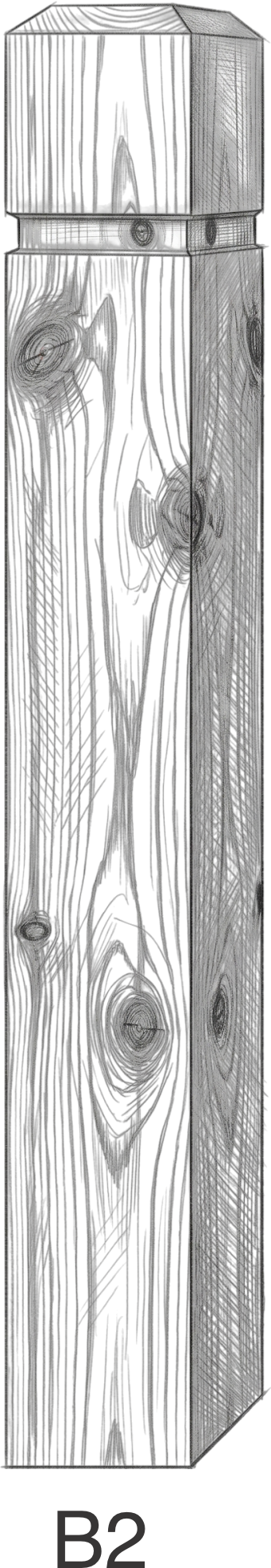 Detailed black and white drawing of a wooden bolt with a hexagonal head.