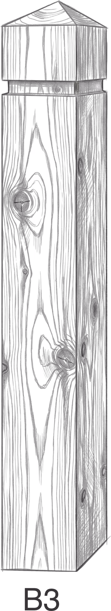 Black and white drawing of a three-dimensional wooden post labeled B3.
