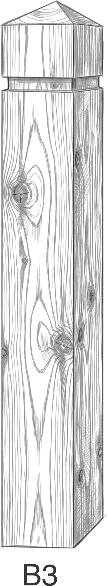 Black and white drawing of a three-dimensional wooden post labeled B3.