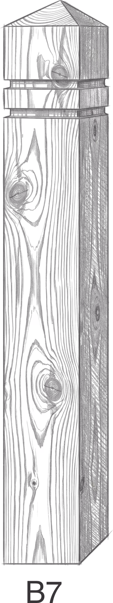 Black and white wood texture illustration of a vertical beam with a capped top, labeled B7.