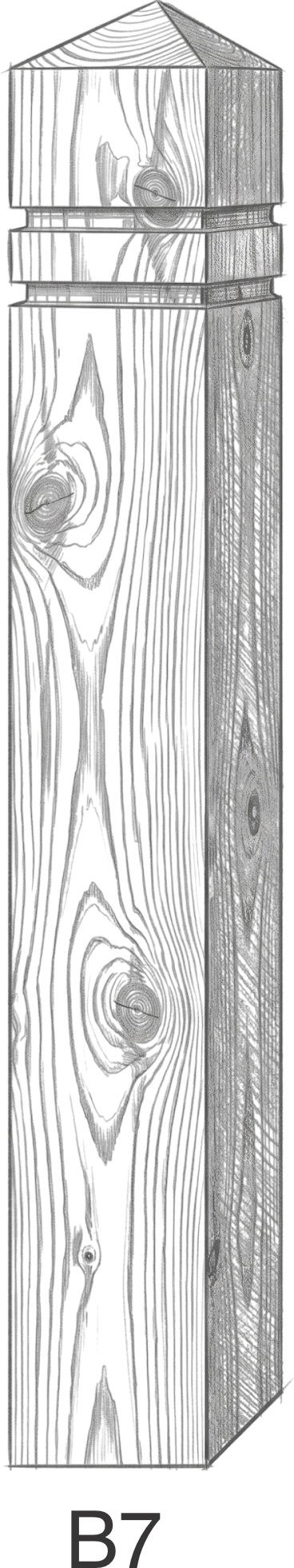 Black and white wood texture illustration of a vertical beam with a capped top, labeled B7.
