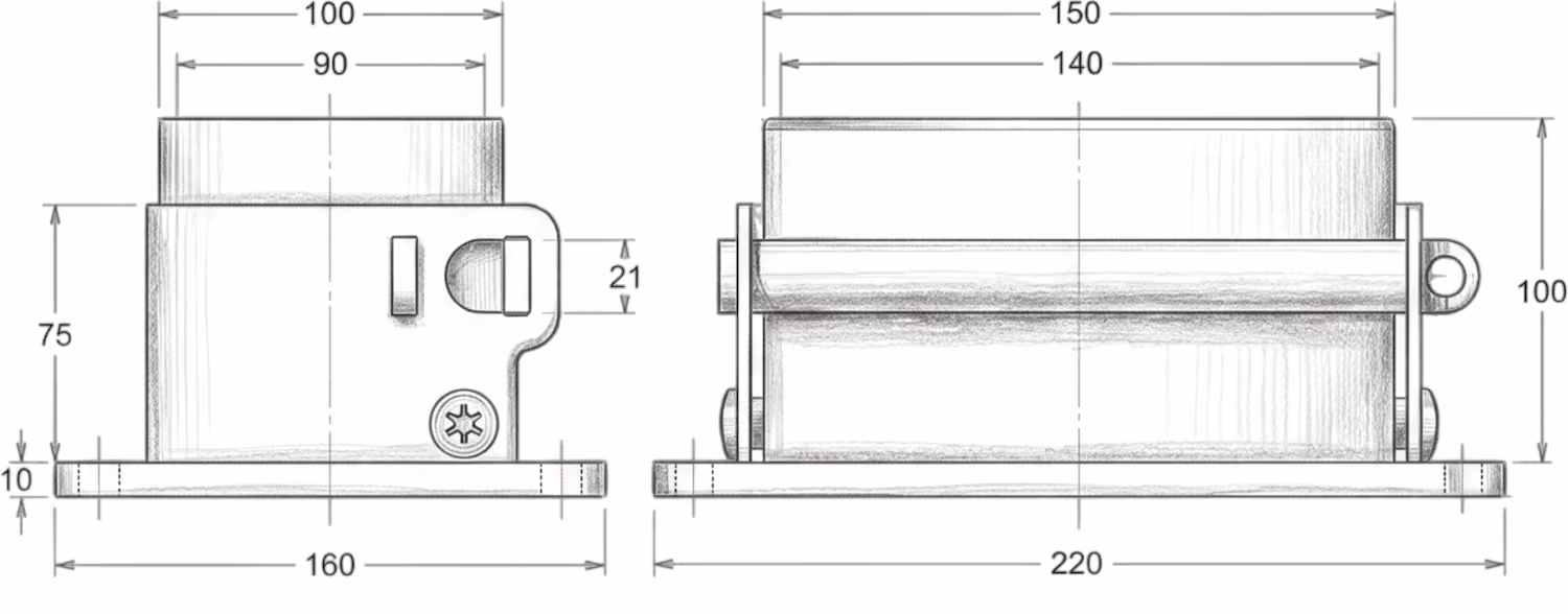 Technical drawing of a cylindrical object with dimensions labeled, showing side and front views.