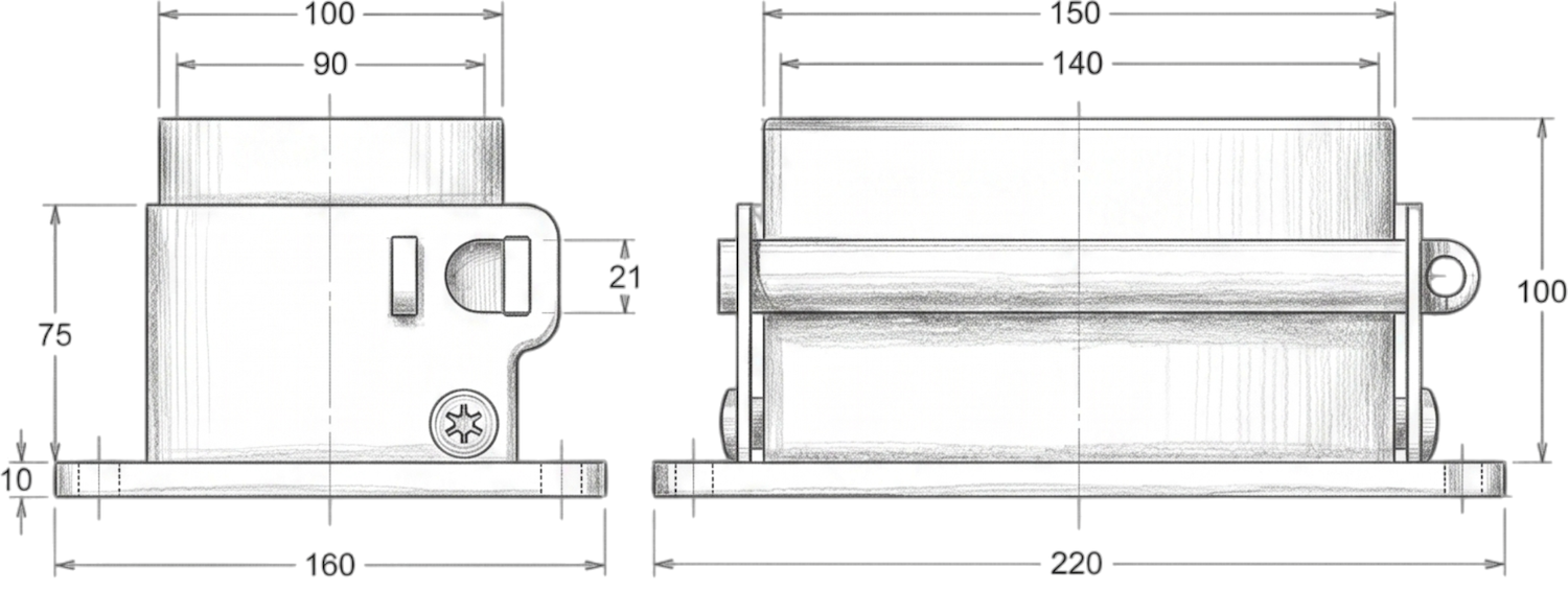 Technical drawing of a cylindrical object with dimensions labeled, showing side and front views.