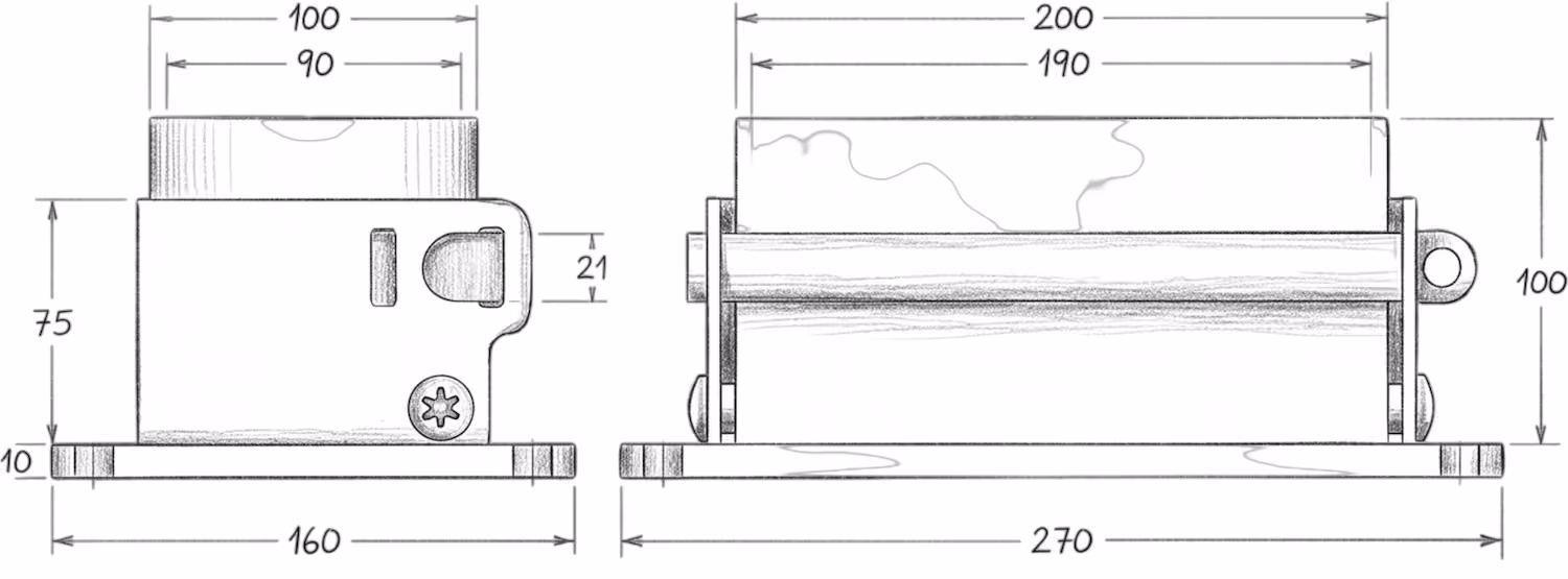 Technical drawing of a collapsible mechanical part with dimensions labeled in millimeters.