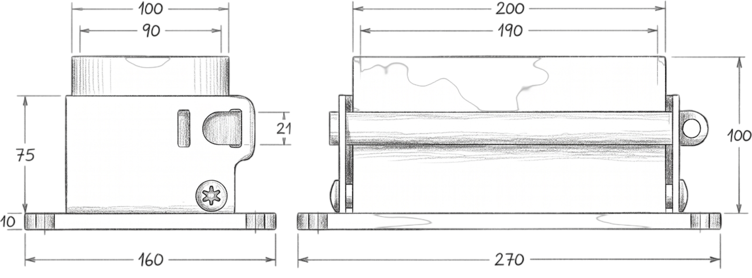 Technical drawing of a collapsible mechanical part with dimensions labeled in millimeters.