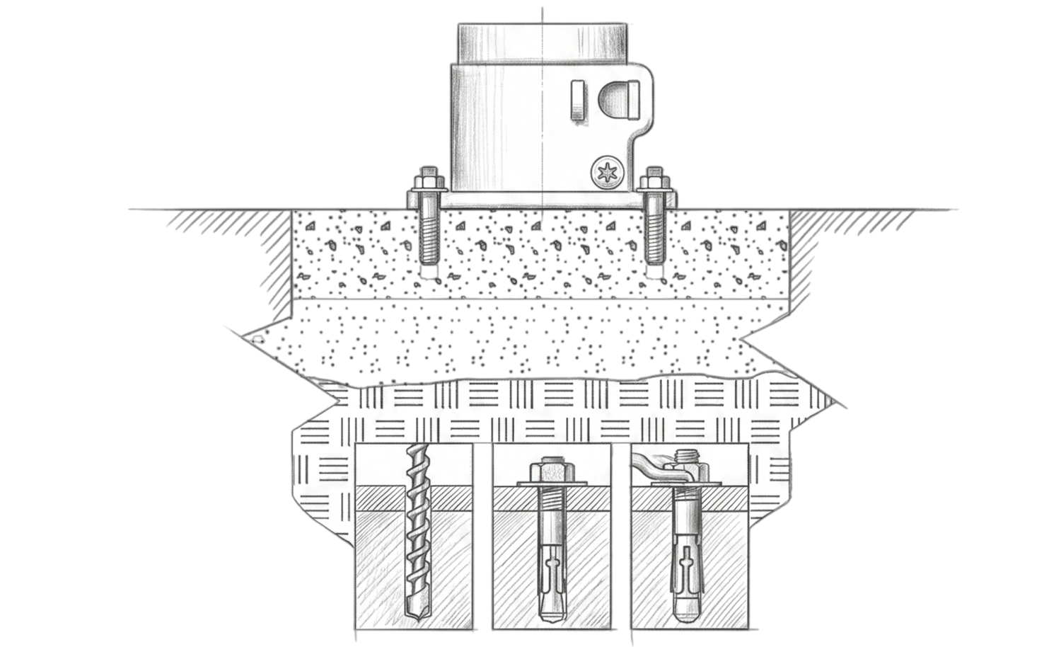 Diagram showing installation of an anchor bolt with steps: drilling hole, inserting anchor, and bolting fixture to concrete.