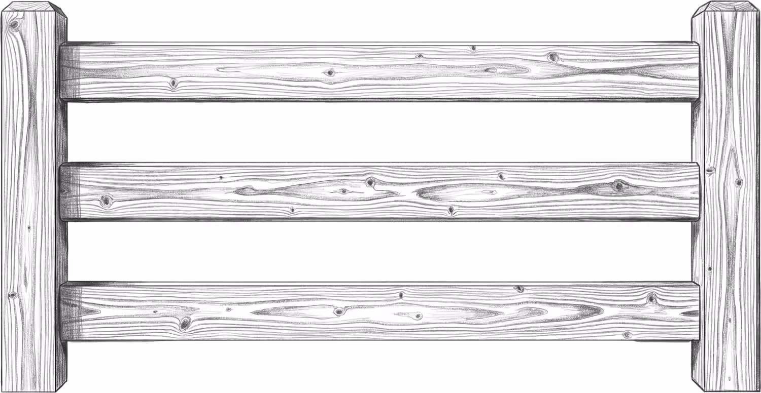 Black and white sketch of a wooden fence with three horizontal planks between two vertical posts.