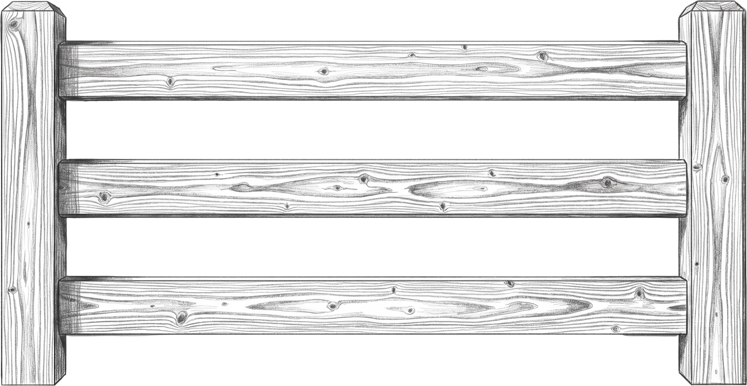 Black and white sketch of a wooden fence with three horizontal planks between two vertical posts.