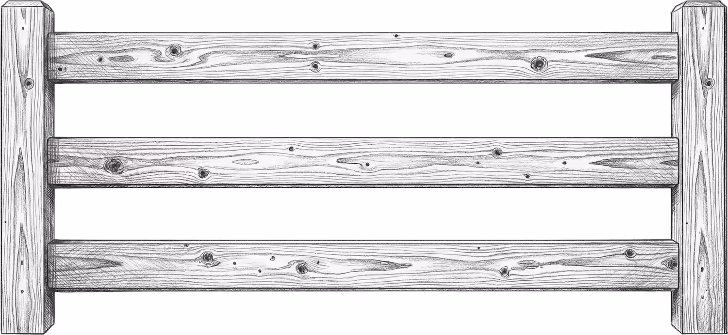 Black and white sketch of a wooden fence with three horizontal planks and two vertical posts.