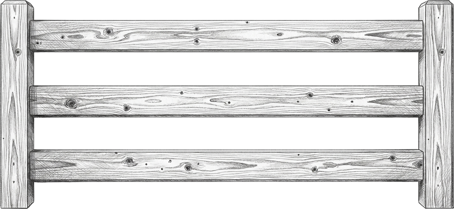 Black and white sketch of a wooden fence with three horizontal planks and two vertical posts.