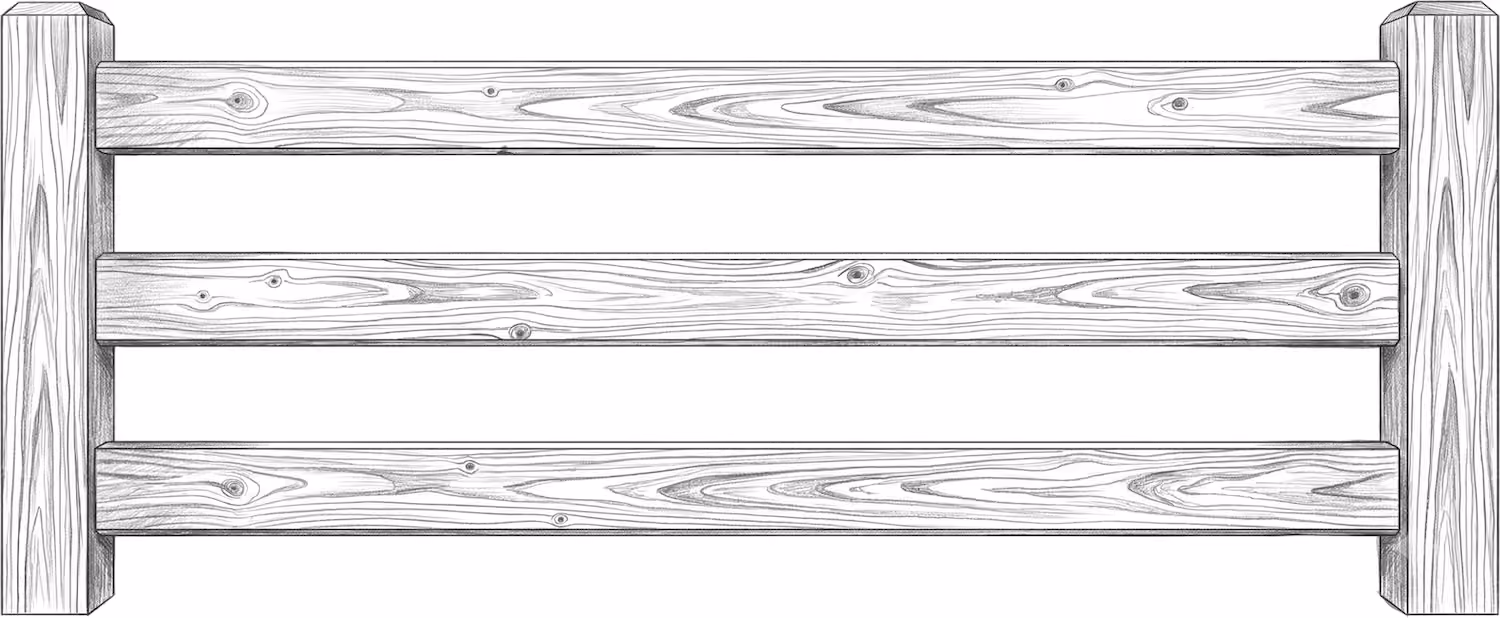 Black and white sketch of a wooden fence with three horizontal planks and two vertical posts.