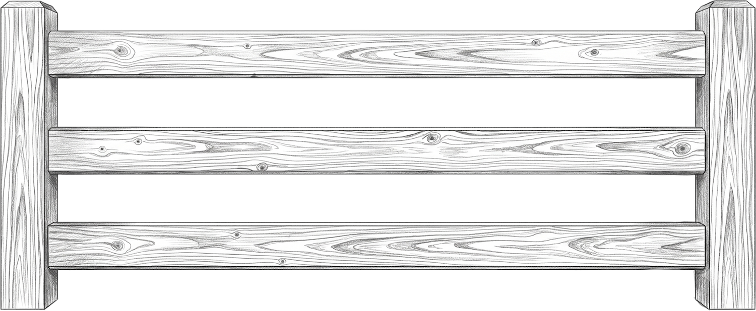 Black and white sketch of a wooden fence with three horizontal planks and two vertical posts.