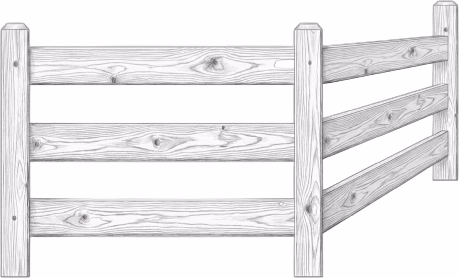 Sketch of a wooden fence corner with detailed wood grain on horizontal and vertical planks.