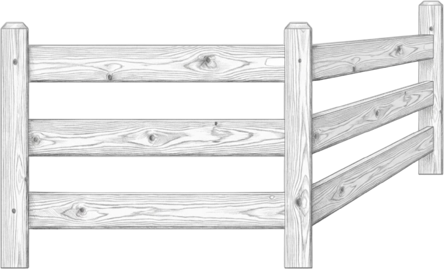 Sketch of a wooden fence corner with detailed wood grain on horizontal and vertical planks.