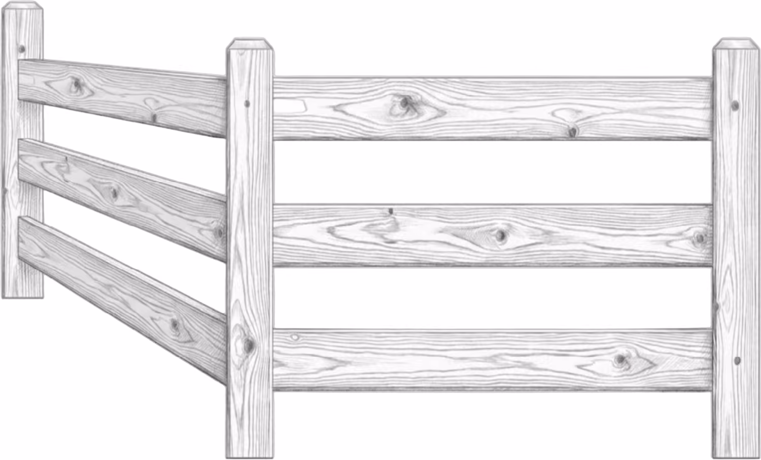 Black and white sketch of a wooden fence corner with horizontal planks and vertical posts.