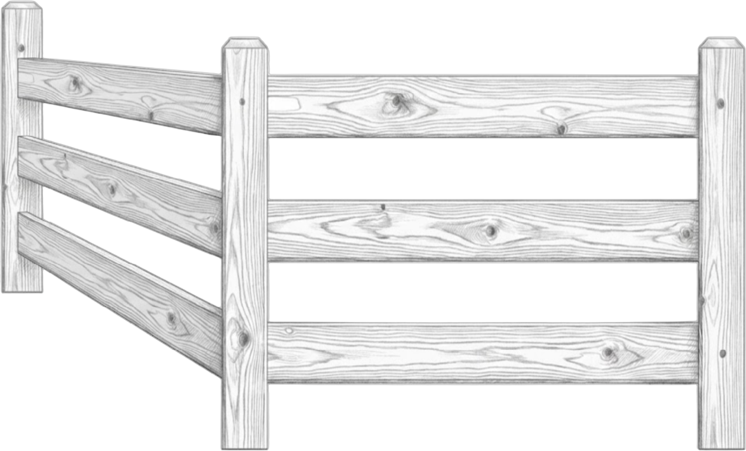 Black and white sketch of a wooden fence corner with horizontal planks and vertical posts.