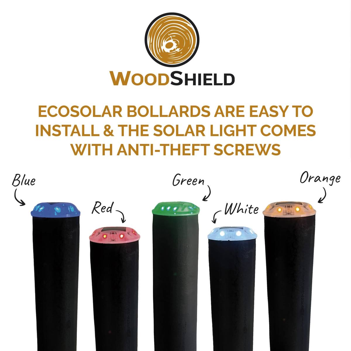 Woodshield Eco Solar bollard lights in blue, red, green, white and orange
