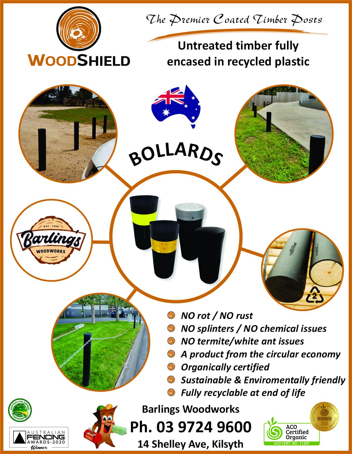 Woodshield Eco Bollard product sheet: untreated timber fully encased in recycled plastic