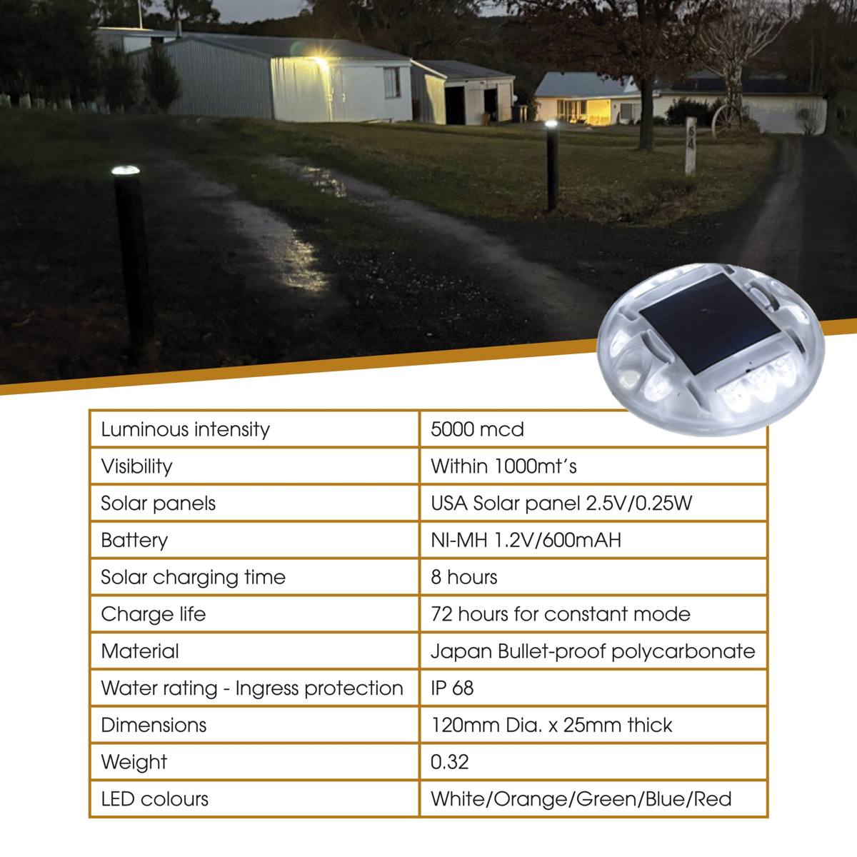 Woodshield Eco Solar bollards lighting a driveway at night