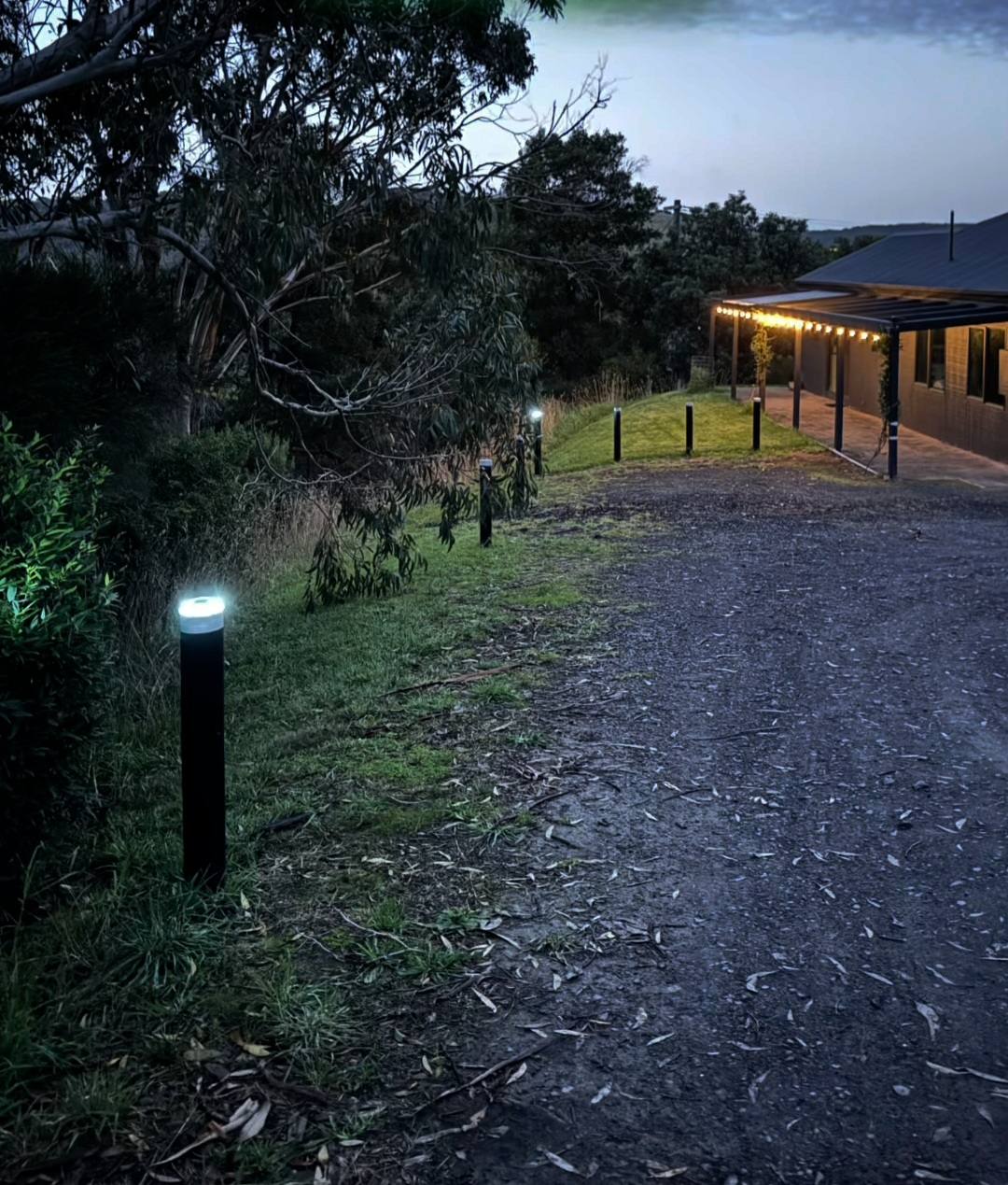 Woodshield Eco Solar bollards lighting a path at dusk