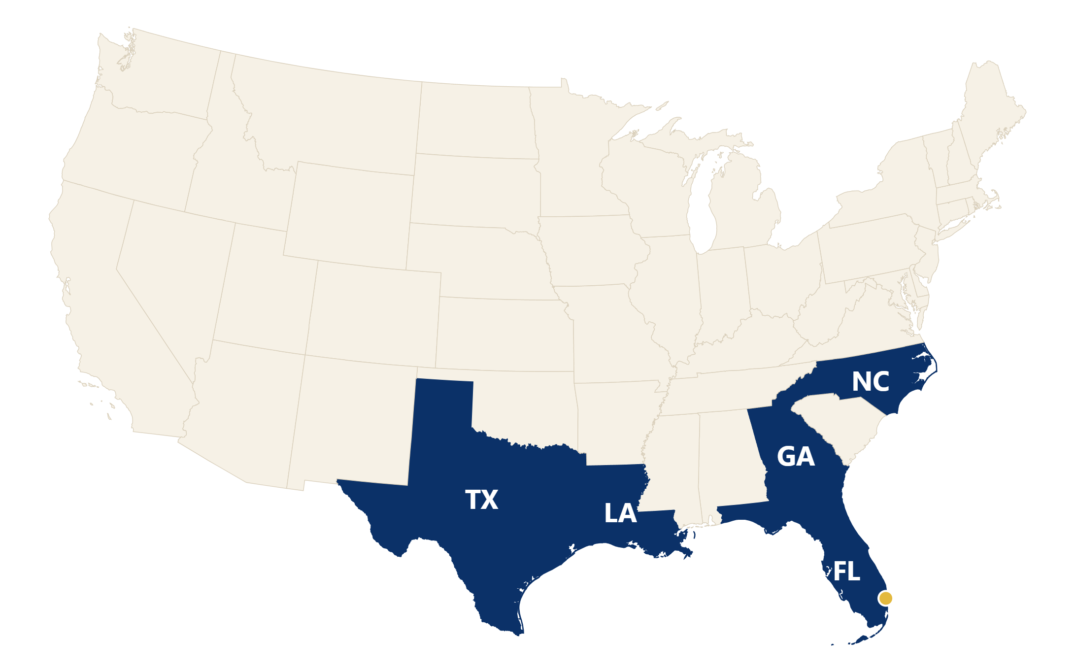 Map of the United States with Florida, Georgia, North Carolina, Texas and Louisiana marked as the five states By America Insurance is licensed in
