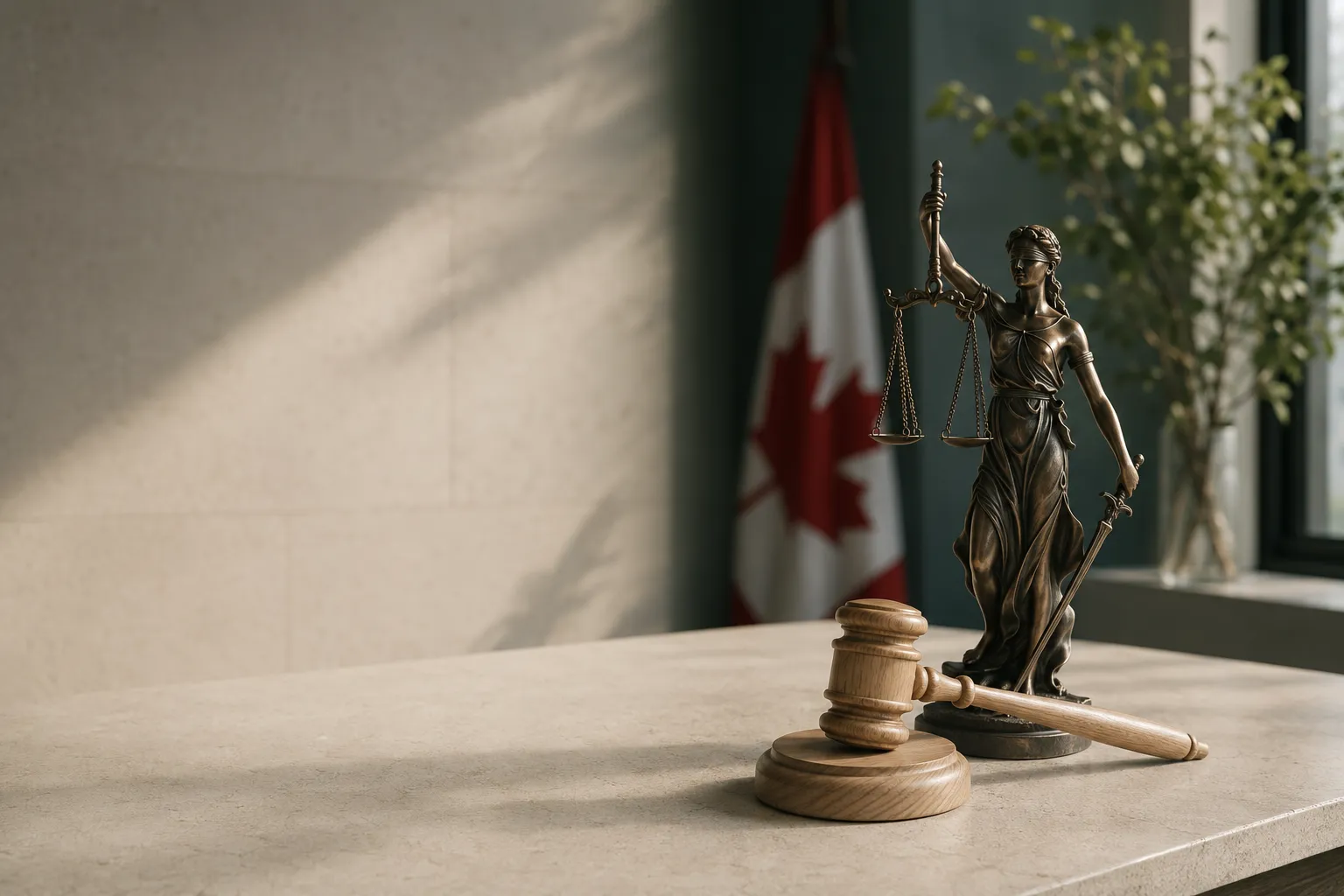 Lady Justice and a judge’s gavel with the Canadian flag in the background
