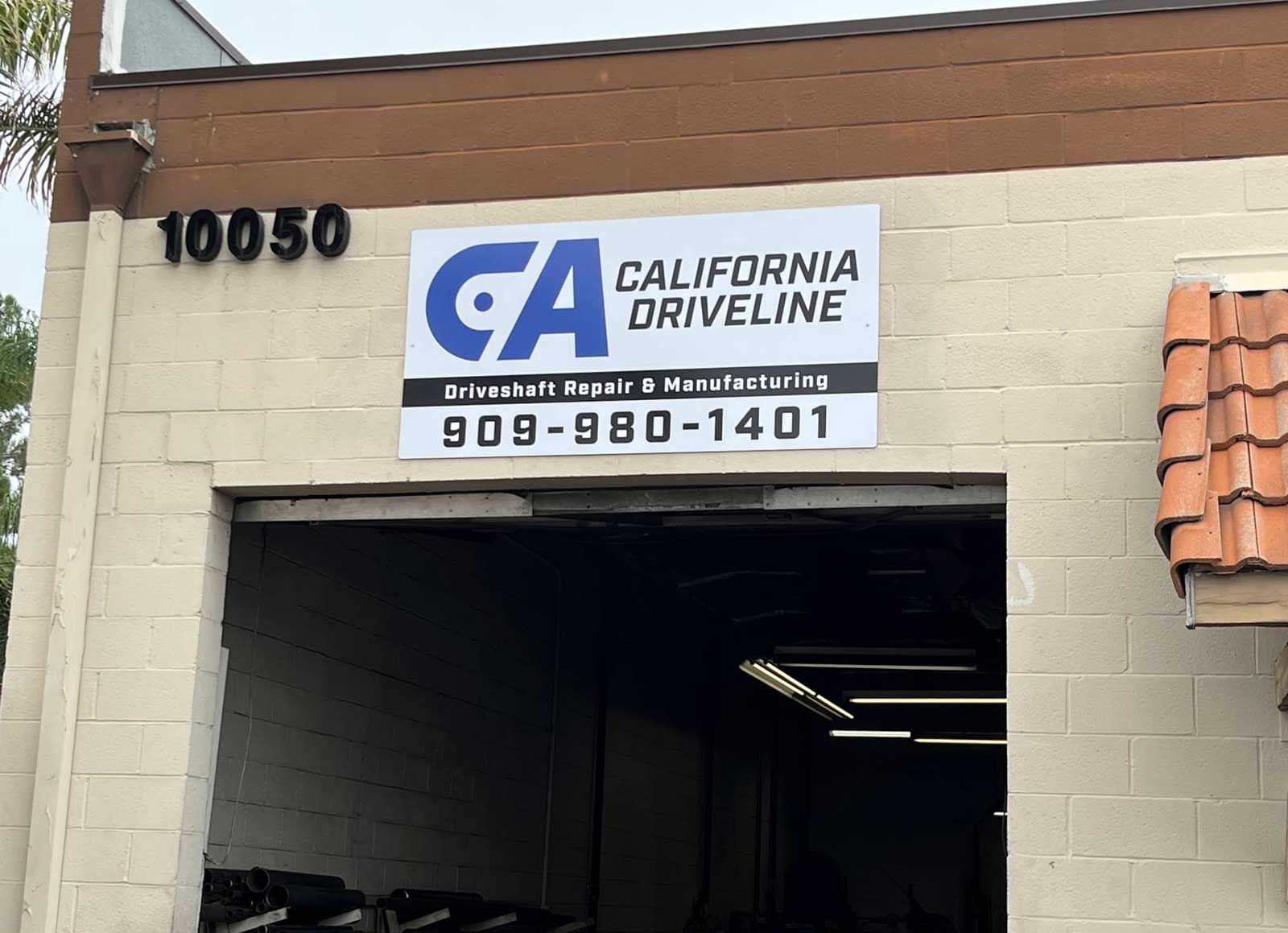 California Driveline storefront sign above the open shop bay at 10050 6th St, Rancho Cucamonga