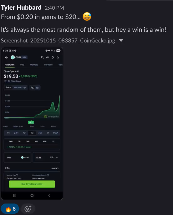 Screenshot of Slack message from Tyler Hubbard reporting a token going from $0.20 to $20, with CoinGecko price chart