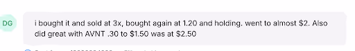 Chat message screenshot: member reports selling a token at 3x, buying back in, and AVNT going from $0.30 to $2.50
