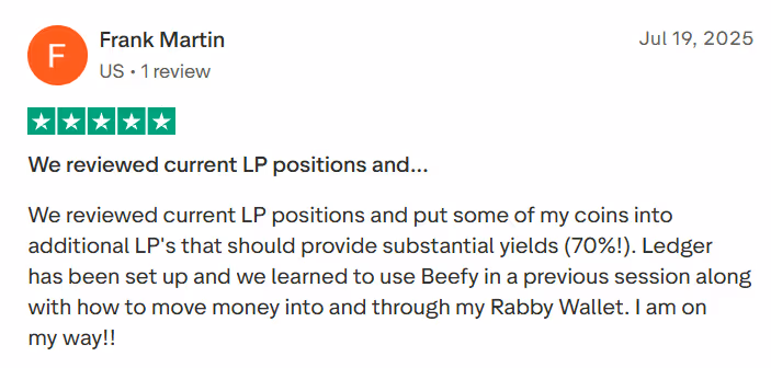 5-star Trustpilot review from Frank Martin: reviewed LP positions for 70% potential yield, set up Ledger hardware wallet and Beefy, learned to use Rabby Wallet