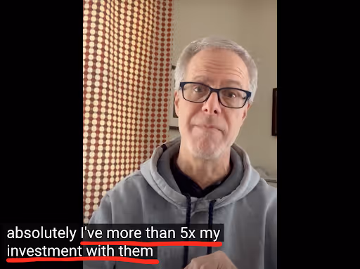 Video testimonial screenshot: member says he has more than 5x'd his investment with Decentralized Masters